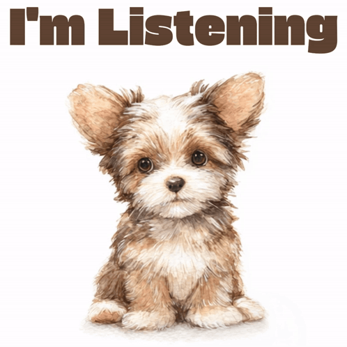 Small Brown and White Dog Saying I'm Listening