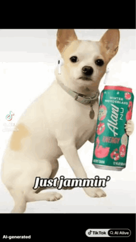 Small Dog Holding Energy Drink Can
