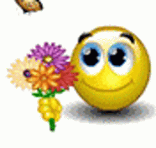 Smiley Face Holding Bouquet of Flowers With Butterfly