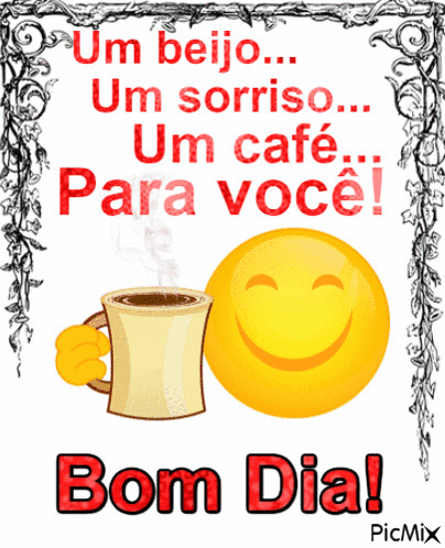 Smiley Face Next to Coffee Cup Saying Bom Dia