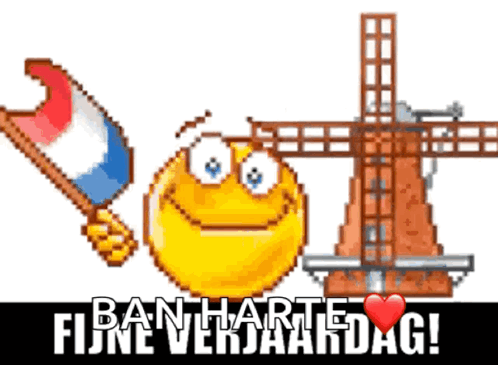 Smiley Holding Flag Next To Windmill Ban Harte Fijne Verjaardag GIF
