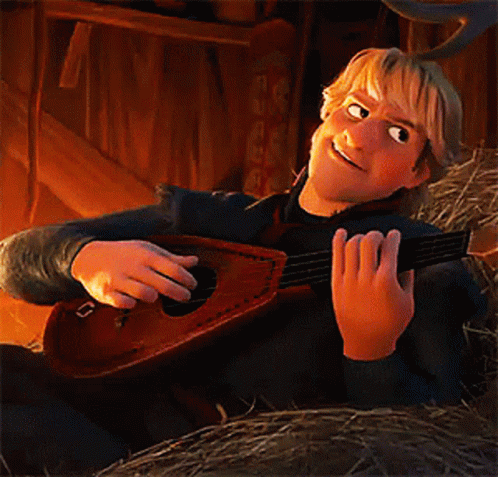 Smiling Cartoon Character Playing Guitar in Hay