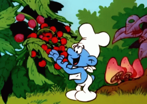 Smurf in Chef Hat Picking Cherries