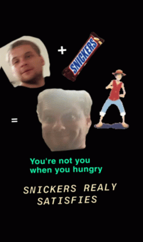 Snickers Bar Next to Man Face and Monkey D. Luffy