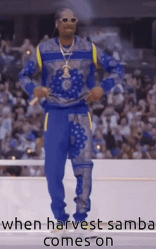 snoop dogg is dancing in front of a crowd with the caption " when harvest samba comes on " at the bottom