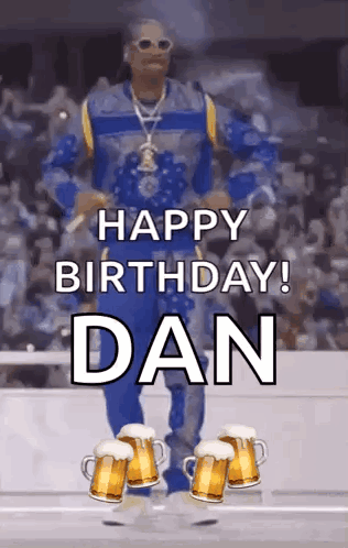 Snoop Dogg Is Dancing With Beer Mugs On His Feet And Says `` Happy Birthday Dan '' . GIF