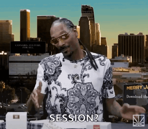 Snoop Dogg Is Wearing Sunglasses And A Paisley Shirt And Asking " Session " GIF