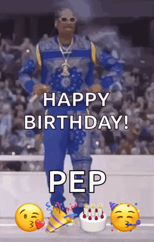 Snoop Dogg Says Happy Birthday Pep In Front Of A Cake And Party Hats GIF