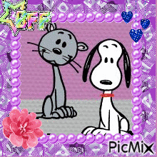 Snoopy And A Cat Are Sitting Next To Each Other In A Purple Frame GIF