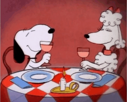 Snoopy And A Poodle Are Sitting At A Table With Plates And Wine Glasses . GIF