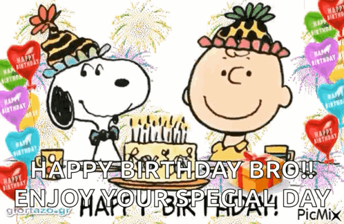 Snoopy And Charlie Brown Are Celebrating A Birthday With A Cake And Balloons . GIF