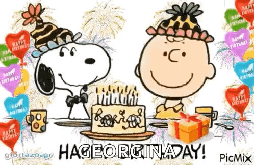 Snoopy And Charlie Brown Are Celebrating Their Birthday With A Cake . GIF