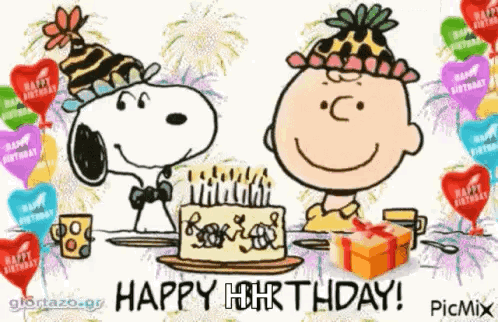 Snoopy And Charlie Brown Are Sitting At A Table With A Birthday Cake And Balloons . GIF