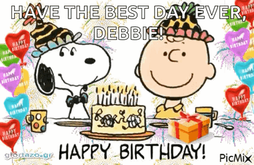 Snoopy And Charlie Brown Are Sitting At A Table With A Birthday Cake And Balloons . GIF