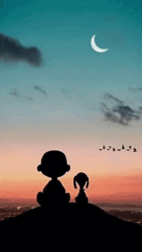 Snoopy And Charlie Brown Are Sitting On A Hill Looking At The Crescent Moon . GIF