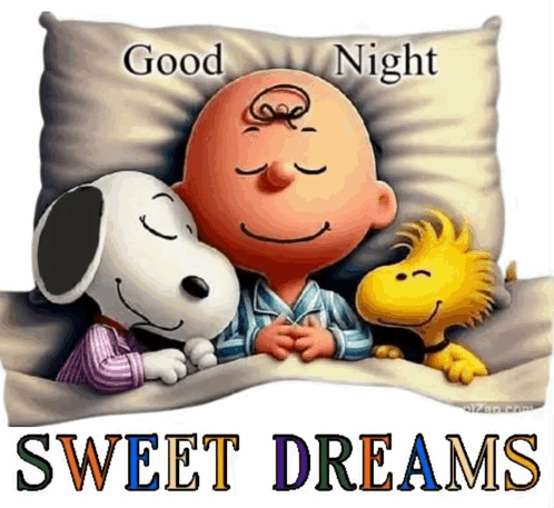 Snoopy And Charlie Brown Are Sleeping On A Pillow With The Words Good Night Sweet Dreams GIF