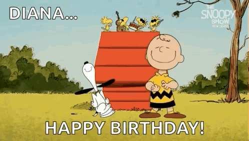 Snoopy And Charlie Brown Are Standing In Front Of A Snoopy House And Saying Happy Birthday . GIF