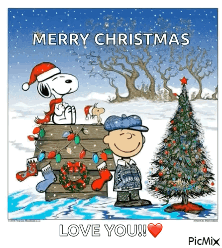 Snoopy and Charlie Brown Next to Christmas Tree With Words Merry Christmas Love You
