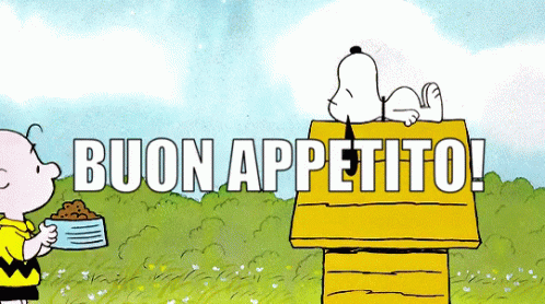 Snoopy And Charlie Brown With Buon Appetito Sign GIF