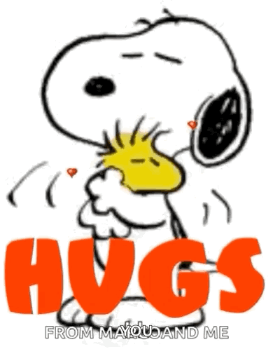 Snoopy And Woodstock Are Hugging Each Other With Hearts Coming Out Of Their Eyes . GIF
