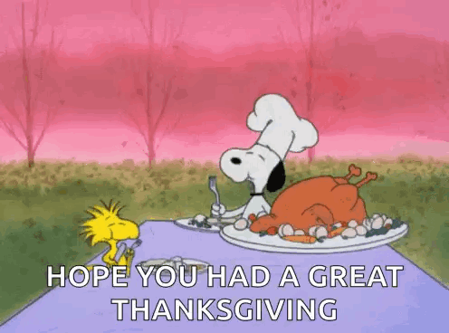 Snoopy And Woodstock Are Sitting At A Table With A Plate Of Food And A Turkey . GIF
