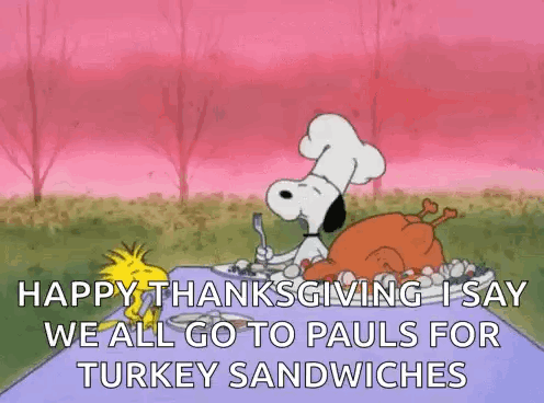 Snoopy And Woodstock Are Sitting At A Table With A Turkey Sandwich . GIF