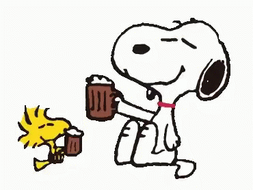 Snoopy And Woodstock Are Sitting Next To Each Other Holding Mugs Of Coffee . GIF