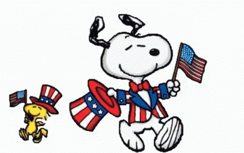 Snoopy and Woodstock Holding American Flags in Patriotic Outfits