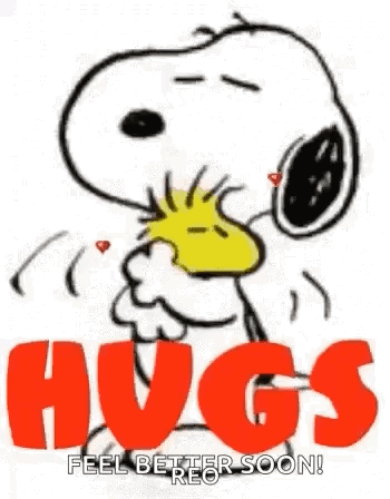 Snoopy and Woodstock Holding Hearts Saying Hugs Feel Better Soon