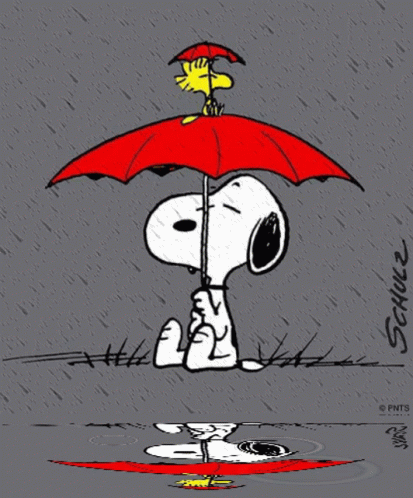 Snoopy and Woodstock Holding Red Umbrella