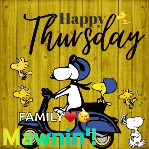 Snoopy And Woodstock Riding Scooter Happy Thursday Family Mownin GIF