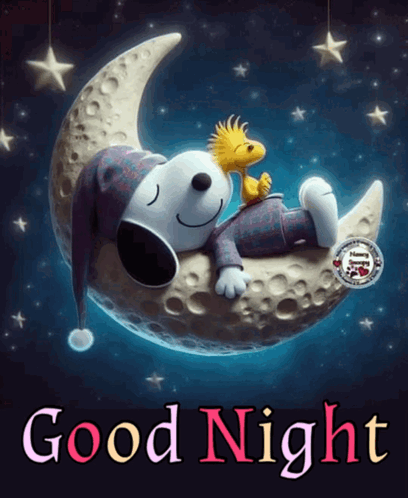 Snoopy And Woodstock Sleeping On A Crescent Moon With The Words Good Night GIF