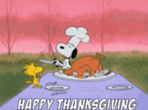 Snoopy Cutting Turkey Animated Thanksgiving GIF