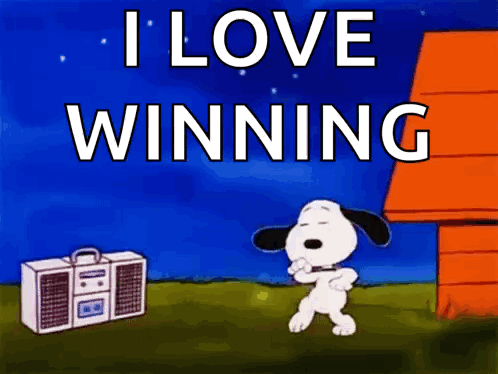 Snoopy Dancing in Front of Boombox Saying I Love Winning
