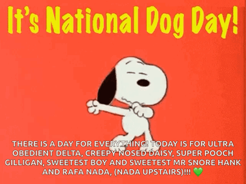 Snoopy Dancing It's National Dog Day on Red Background