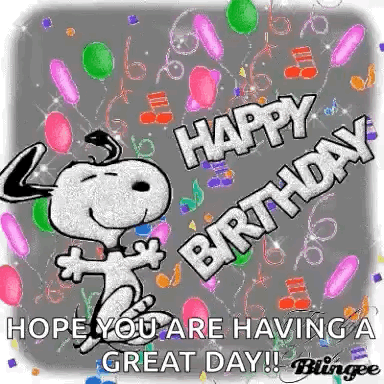 Snoopy Dancing on Birthday Card With Balloons