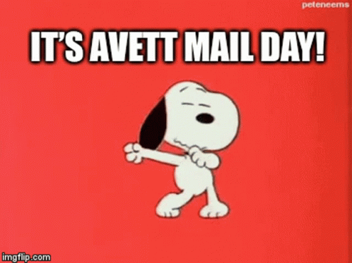 Snoopy Dancing on Red It's Avett Mail Day