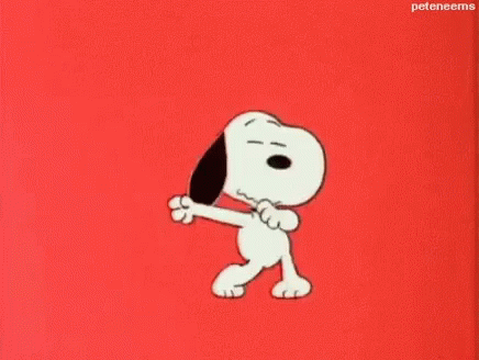 Snoopy Dancing with Bone on Red Background