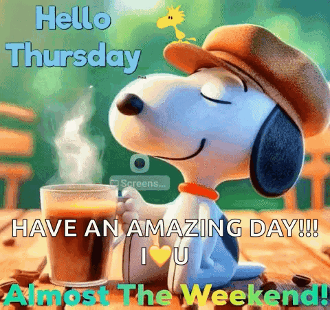 Snoopy Holding Coffee Saying Hello Thursday