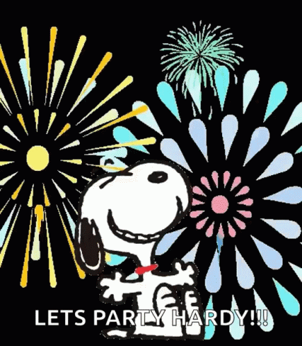 Snoopy Holding Firework Display Lets Party Hardy GIF