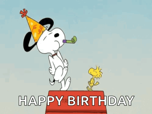 Snoopy in Party Hat Blowing Horn, Woodstock on Box