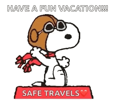 Snoopy in Pilot Helmet Saying Have Fun Vacation Safe Travels
