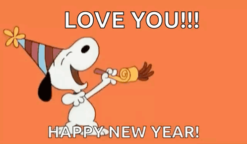 Snoopy Is Blowing A Party Horn And Saying `` Love You !!! Happy New Year '' . GIF