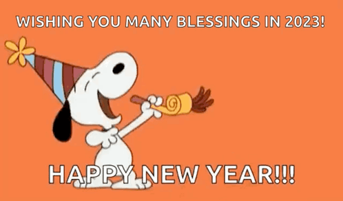 Snoopy Is Blowing A Party Horn And Wishing You Many Blessings In 2023 ! GIF