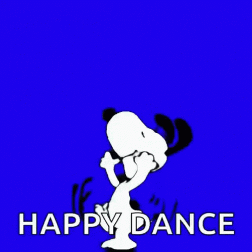 Snoopy Is Dancing On A Green Screen With The Words `` Happy Dance '' Written Below Him . GIF