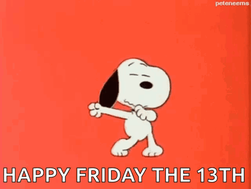 Snoopy Is Dancing On A Red Background With The Text Happy Friday The 13Th GIF