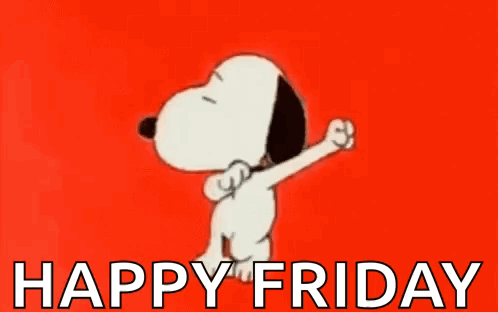 Snoopy Is Dancing On A Red Background With The Words `` Happy Friday '' Written Below Him . GIF