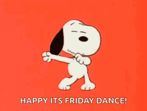 Snoopy Is Dancing On A Red Background With The Words `` Happy Its Friday Dance '' Written Below Him . GIF
