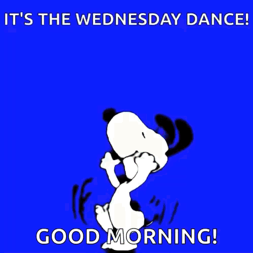 Snoopy Is Dancing On A Yellow Background With The Words It 'S The Wednesday Dance Good Morning ! GIF