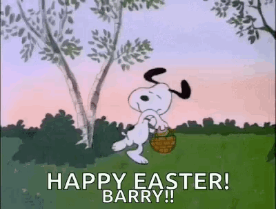 Snoopy Is Holding A Basket In A Field And Saying `` Happy Easter ! Barry ! '' GIF